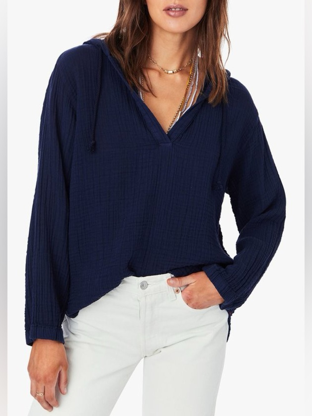 XiRENA Navy Hooded Gauze Top
